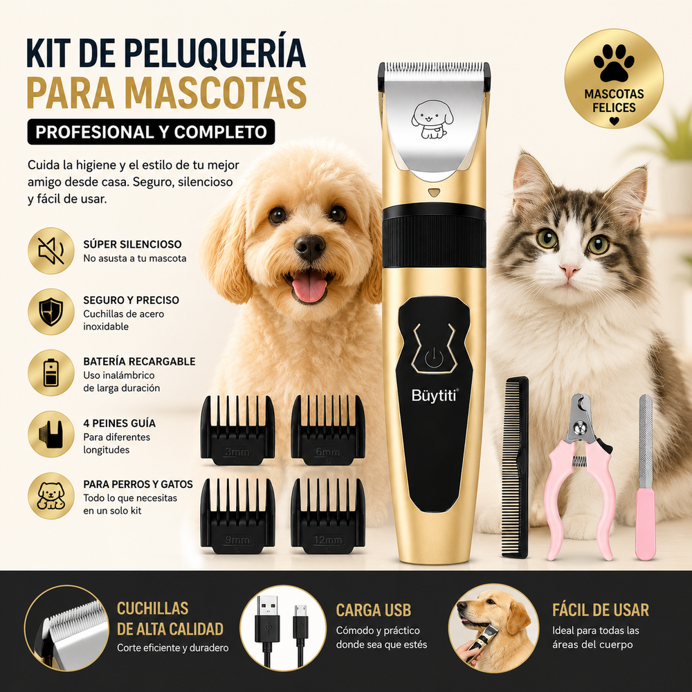 Kit de peluquería para mascotas con máquina silenciosa, 4 peines guía, cortauñas y lima
